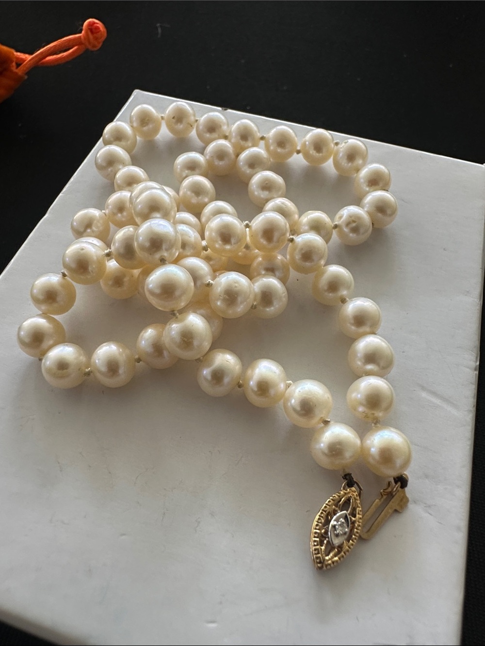Vintage Classic Real Pearl Bead Necklace with Gold Diamond Clasp 14k